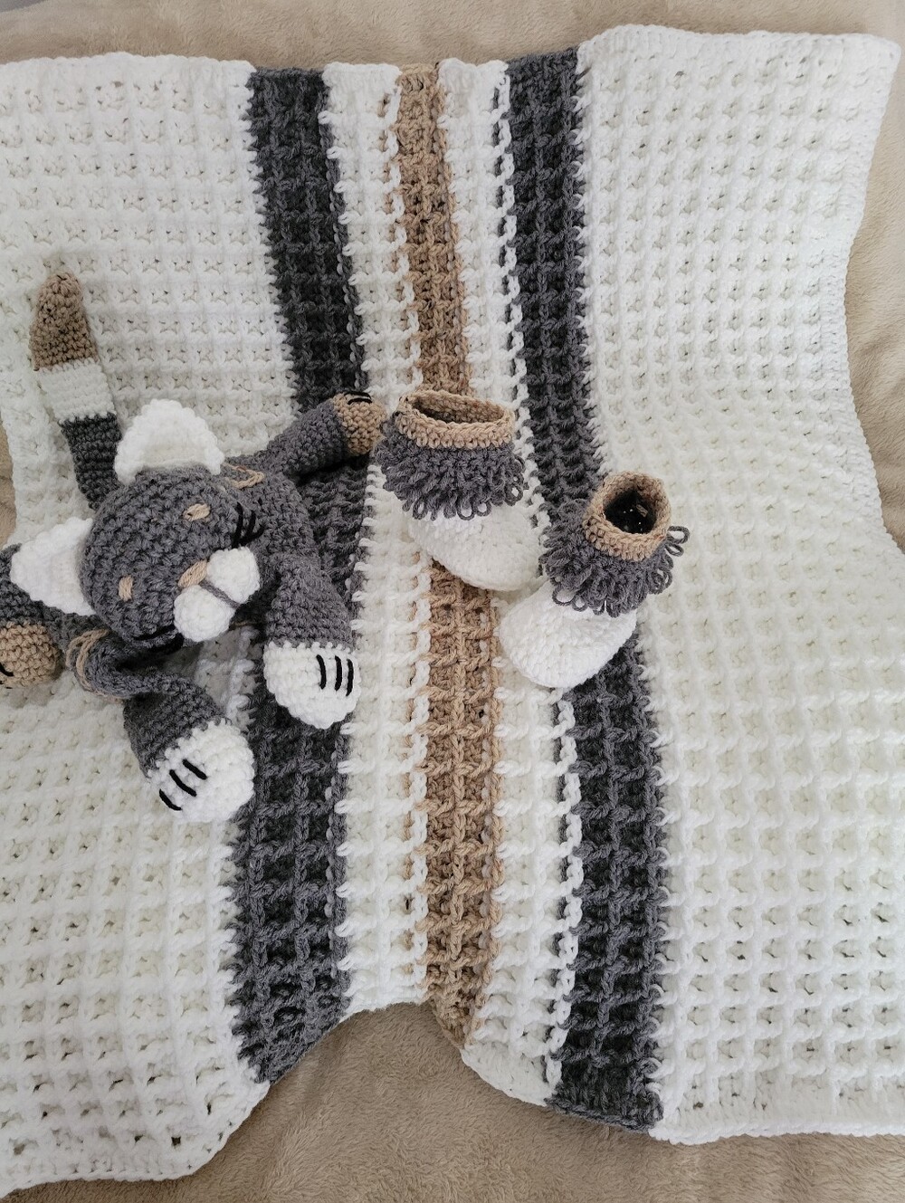 Baby Blanket Set Cat Snuggler Booties Gray Beige White Crochet Handmade Gift Set